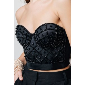 Endiw Crop Bustie Top With Black Rhinestones Perlicone